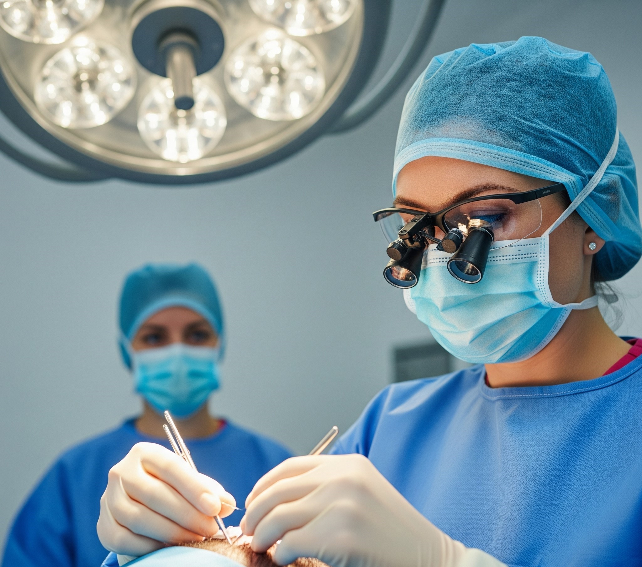 רופאה מבצעת השתלת שיער בדיוק מקסימלי